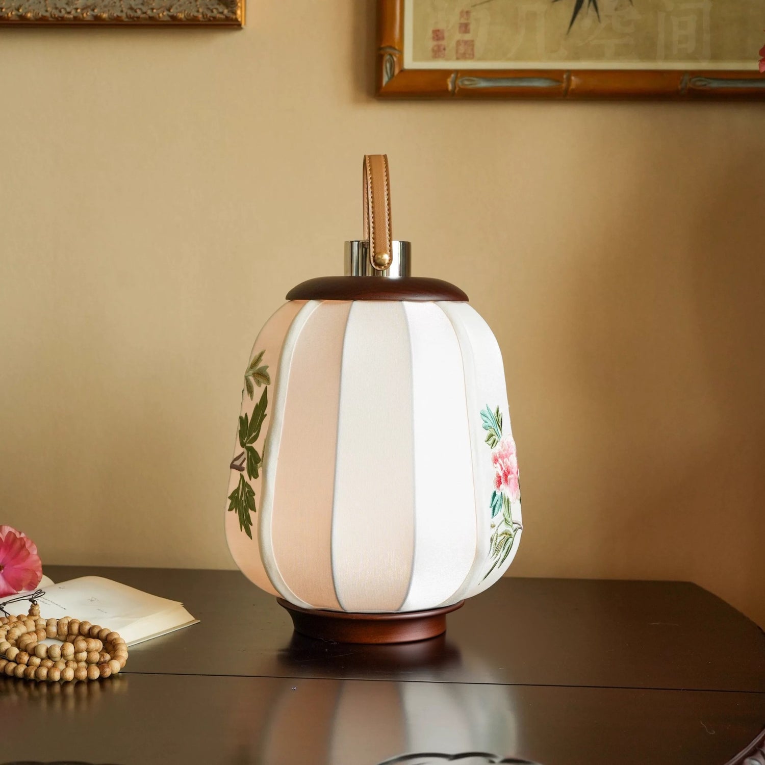 Embroidered Peony Chinese Table Lamp
